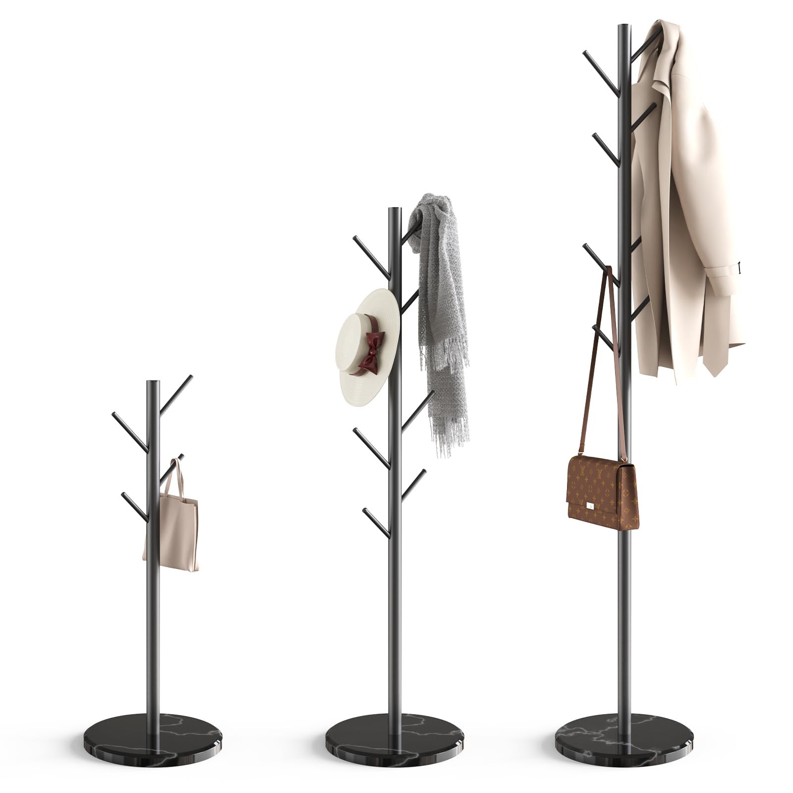 HzTinT Coat Rack with Natural Marble Base, 3 Adjustable 70 inches, Black