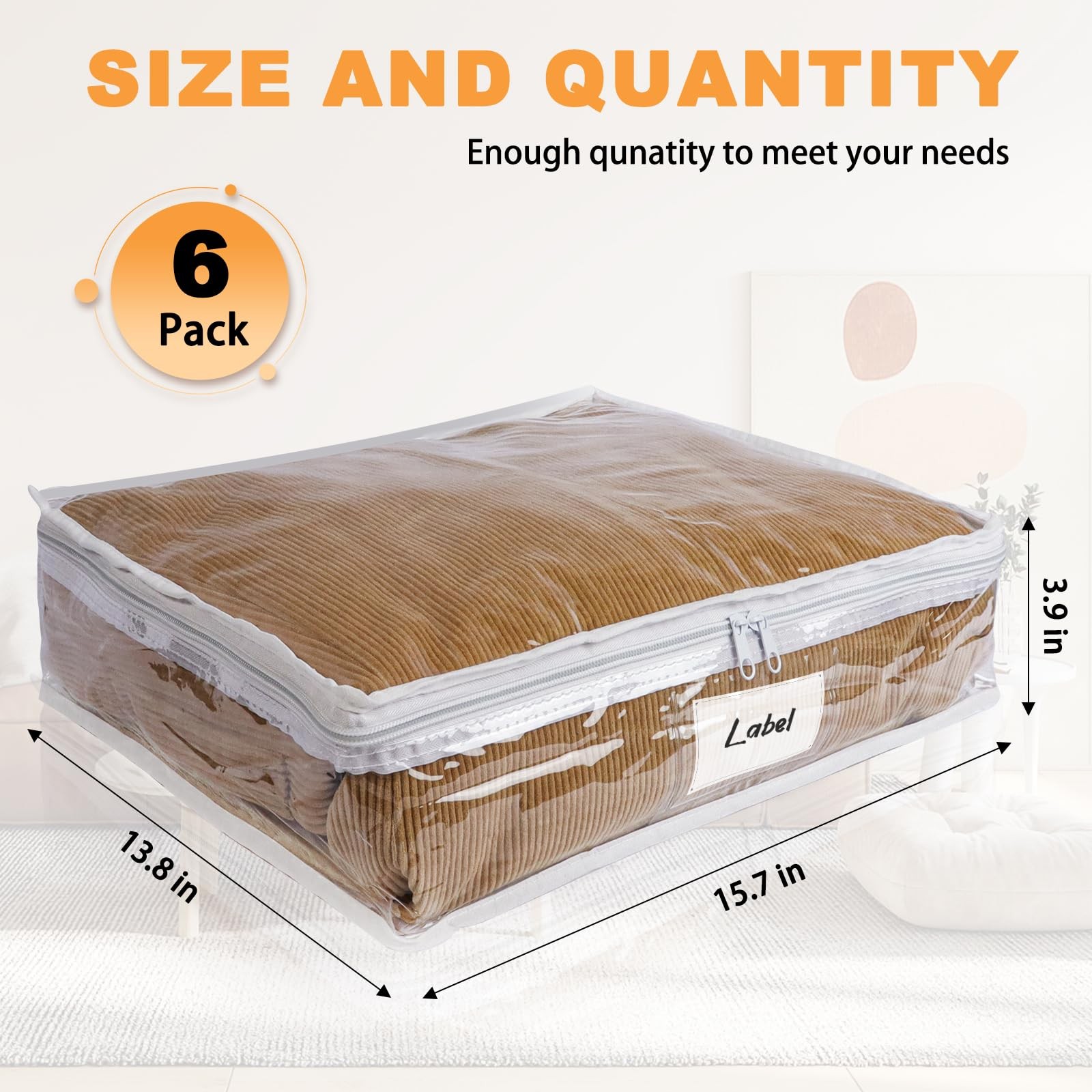 6 PCS 15.7×13.8×3.9 Inch White Clear Plastic Zippered Sweater Storage Bags