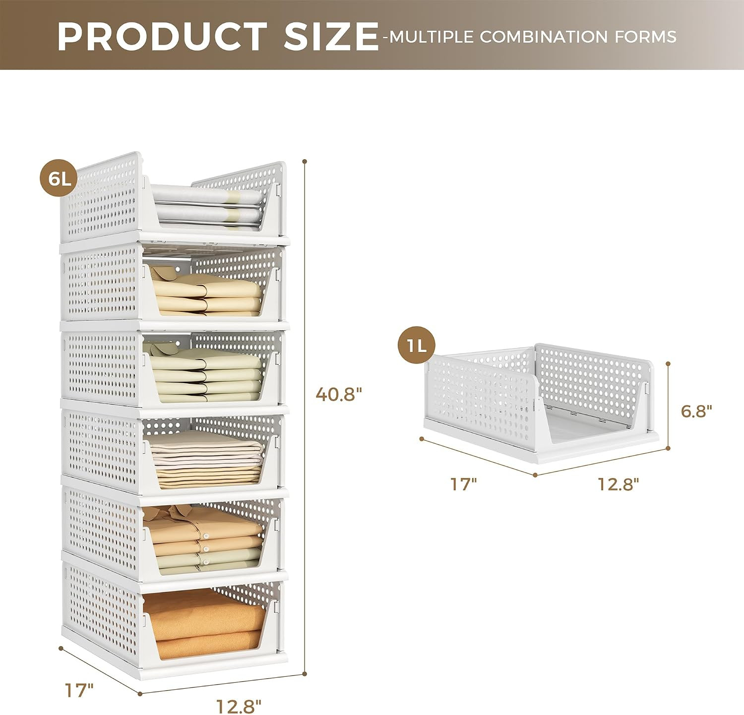 6 Pack Closet Organizer Storage Bins Plastic Stackable Foldable White for
