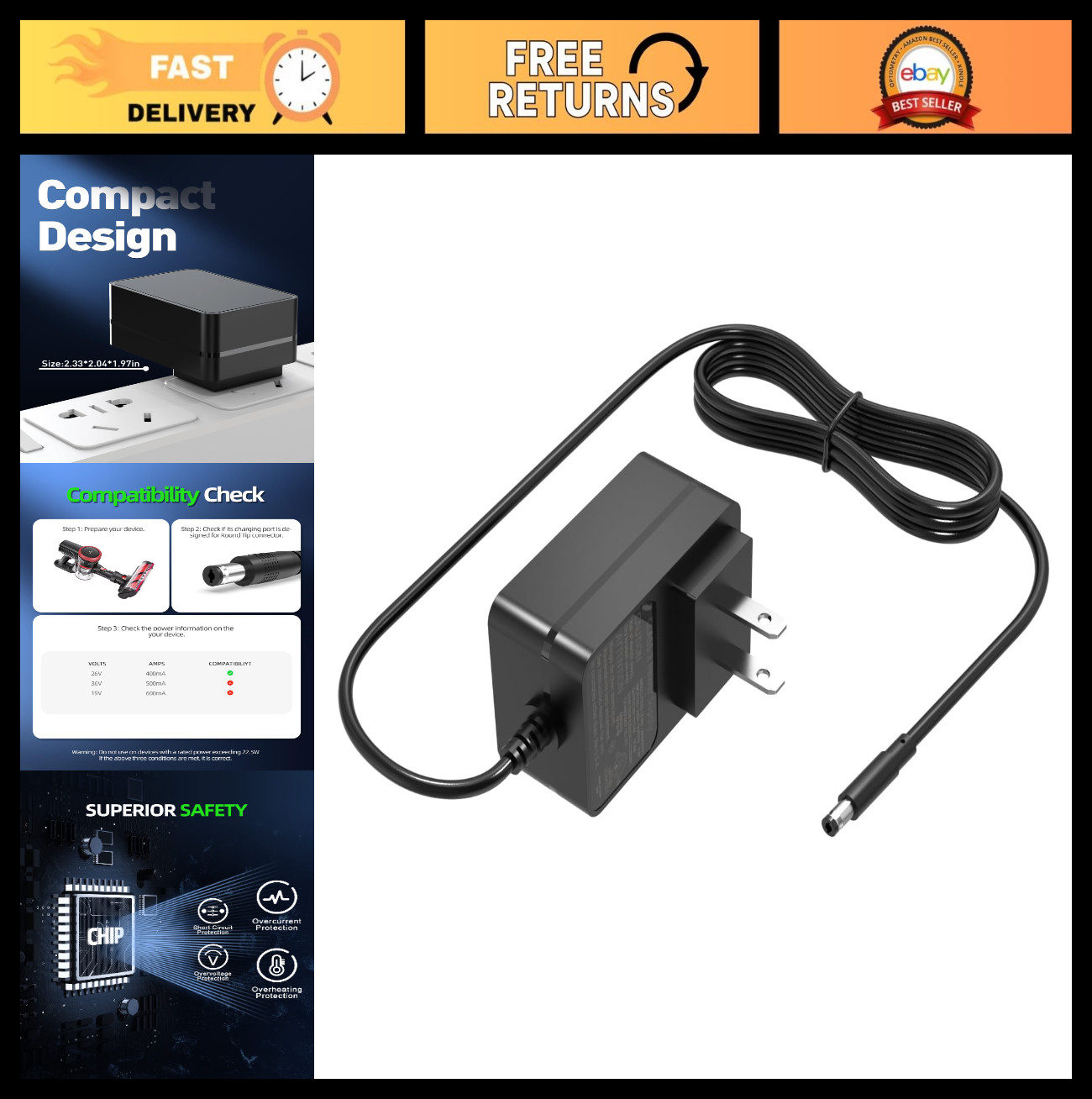 26V UL Safety Certified Charger for Moosoo & GeeMo Cordless Vacuums – Compatible