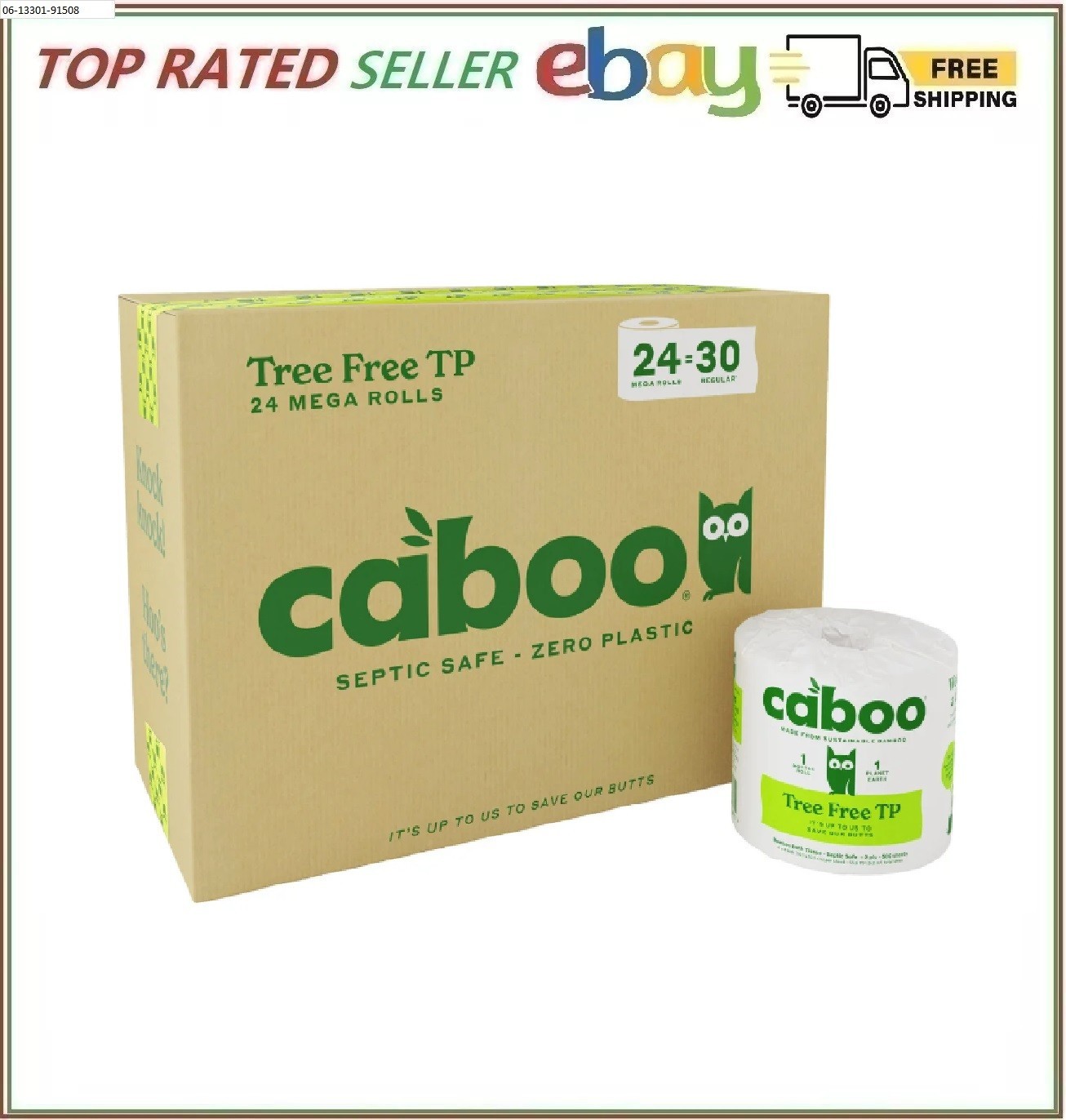 Caboo Bamboo Toilet Paper 24 Mega Rolls 2-Ply Septic Safe Tree Free 400 Sheets