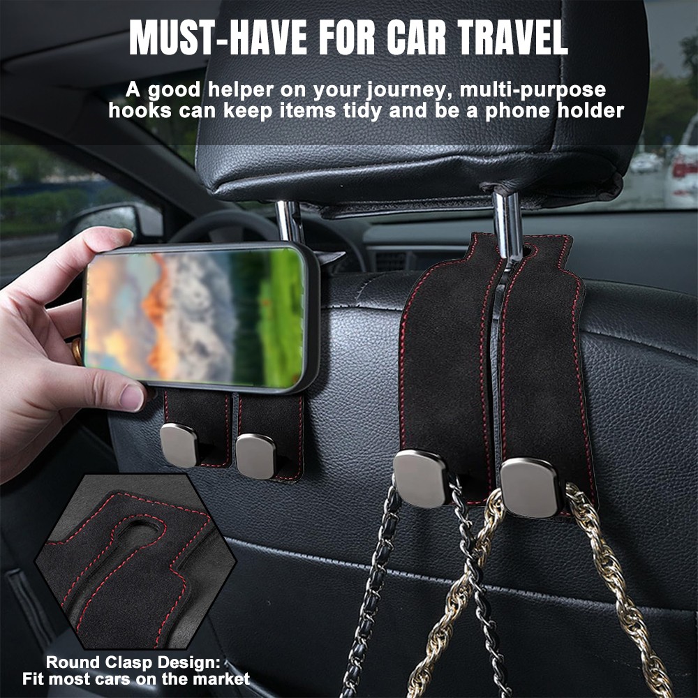 2x Car Headrest Double Hook Leather Seat Back Hanger Holder for Purses Bag Black