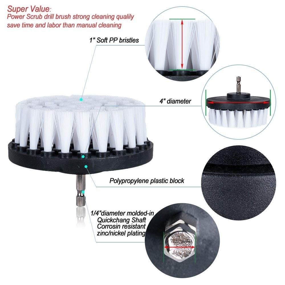 5 Piece 4 inch Drill Brush Soft Bristle White Quick Change Shaft Power Scrubber