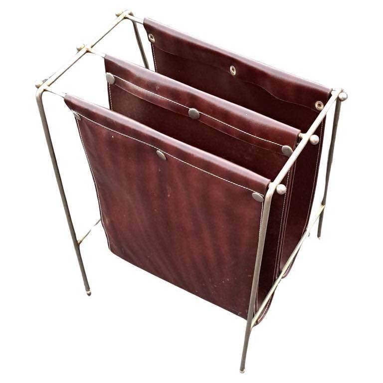 60s Jacques Adnet Style Leather Grain Vinyl Chrome Magazine Rack