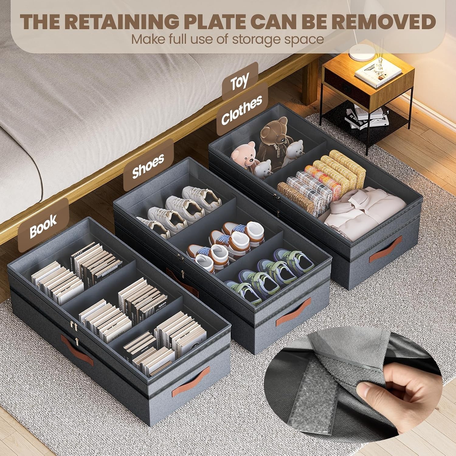Under Bed Storage Bin With Wheels 70L Rolling Organizer Clothes Toys Grey