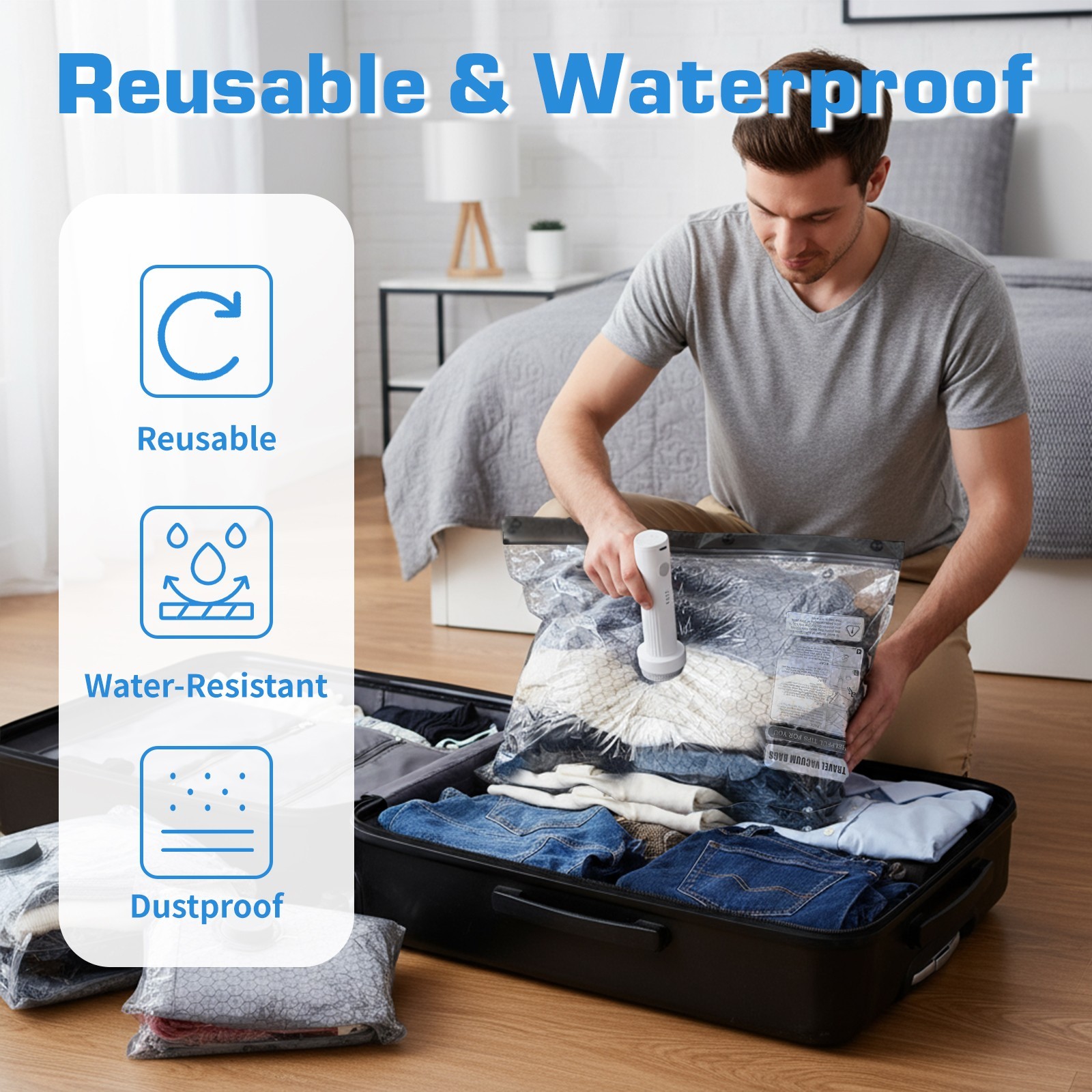 15 Pack Vacuum Storage Bags with Rechargeable Pump 3 Sizes for Clothing, Travel