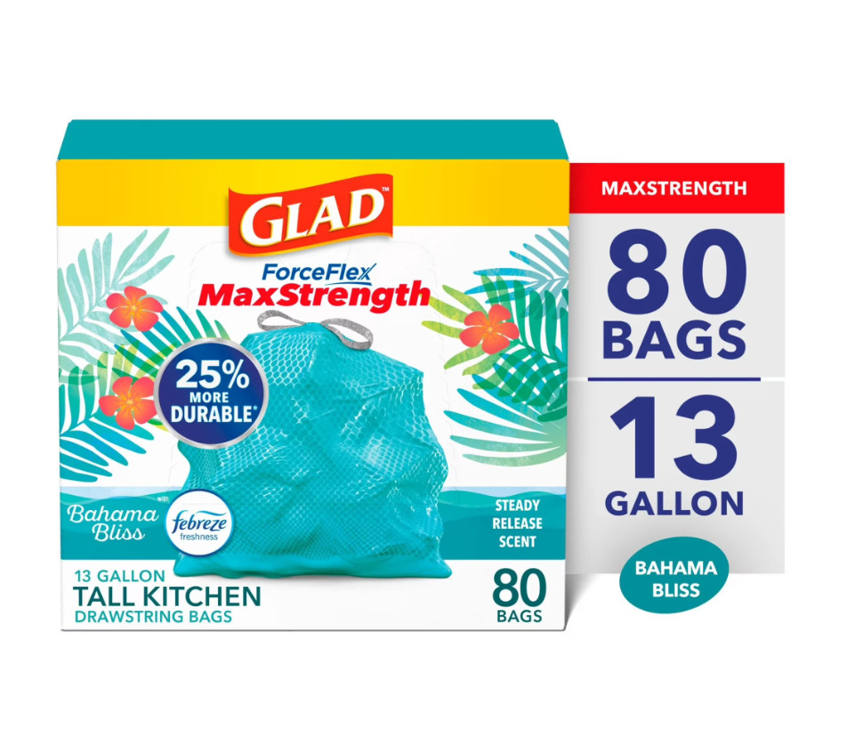 Glad ForceFlex MaxStrength Tall Kitchen Drawstring Trash Bags, 13 Gallon, Bahama