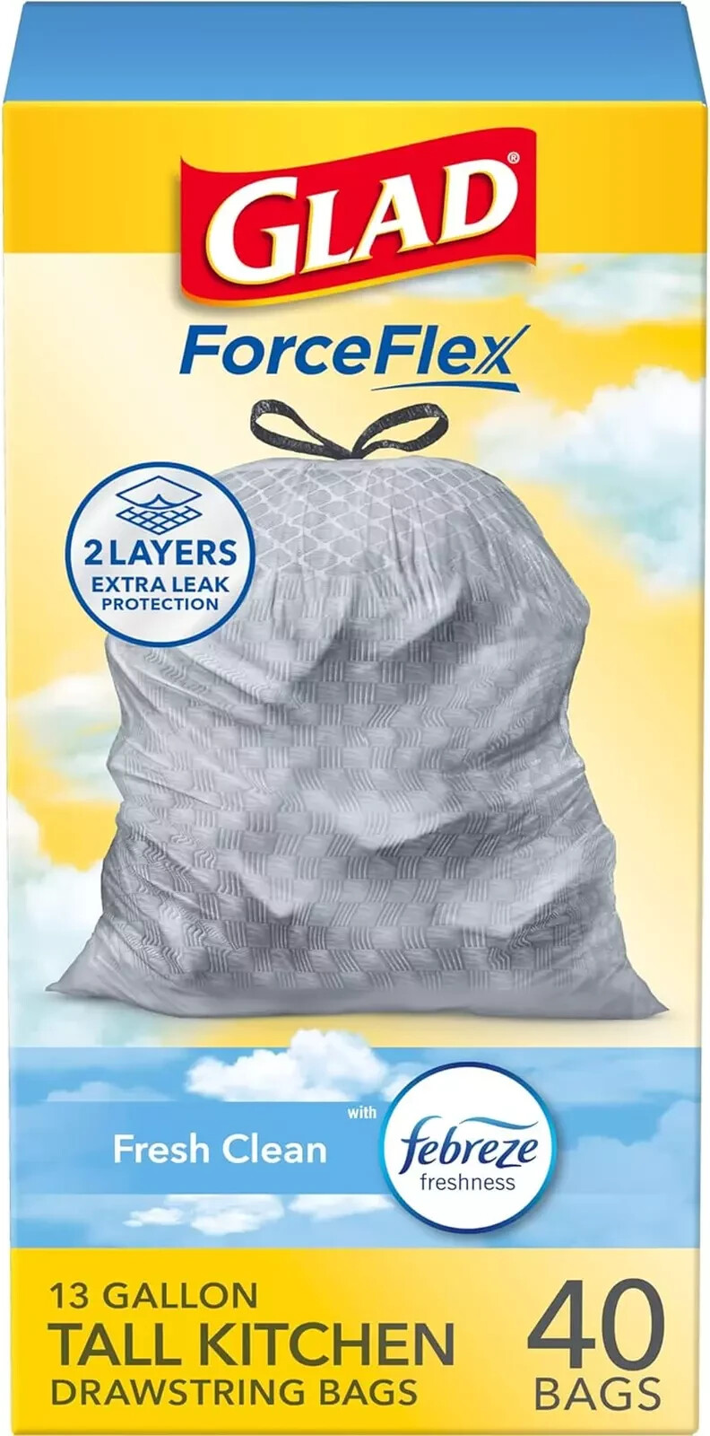 Glad Trash Bags, ForceFlex Tall Kitchen Drawstring Garbage Bags, Fresh Clean, 13