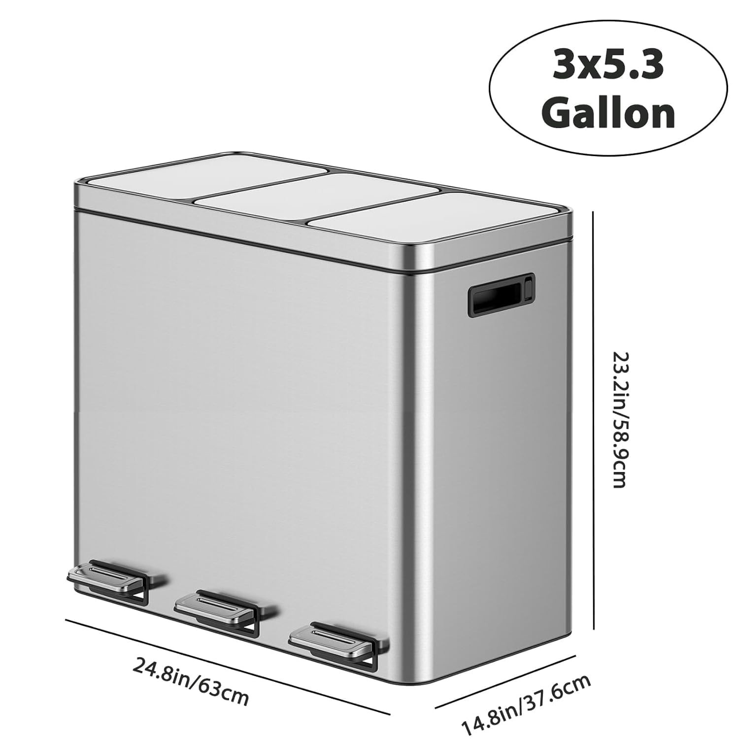 3 Compartments Trash Can 3 x5.3 Gal Stainless Steel Trash Can with Recycling Bin