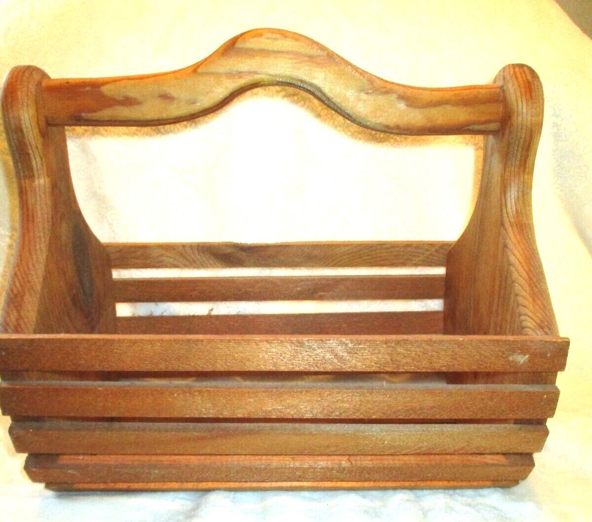 Wooden Slatted Basket~Sturday Wood~Magazine Holder~12.0″ x 7.75″ x 10.75″~1970’s