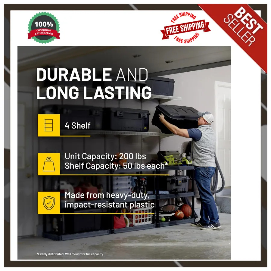 Plano 4-Tier Plastic Storage Shelving Unit 48in x 23in x 14in 200lb Capacity