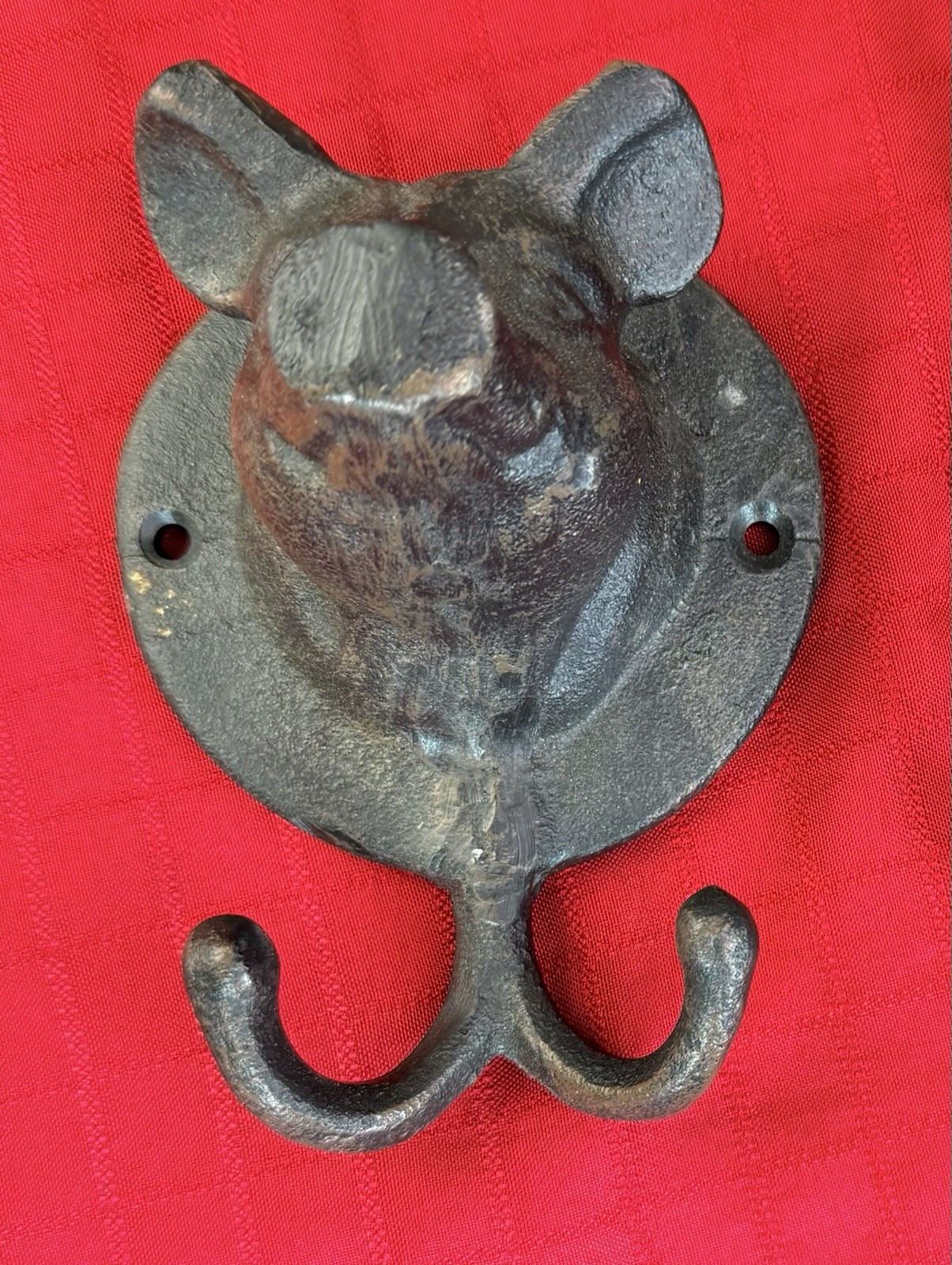 Vtg Cast Iron Pig Wall Hook Rustic Farmhouse Barn Coat Hat Hook 5.5” NOS Double