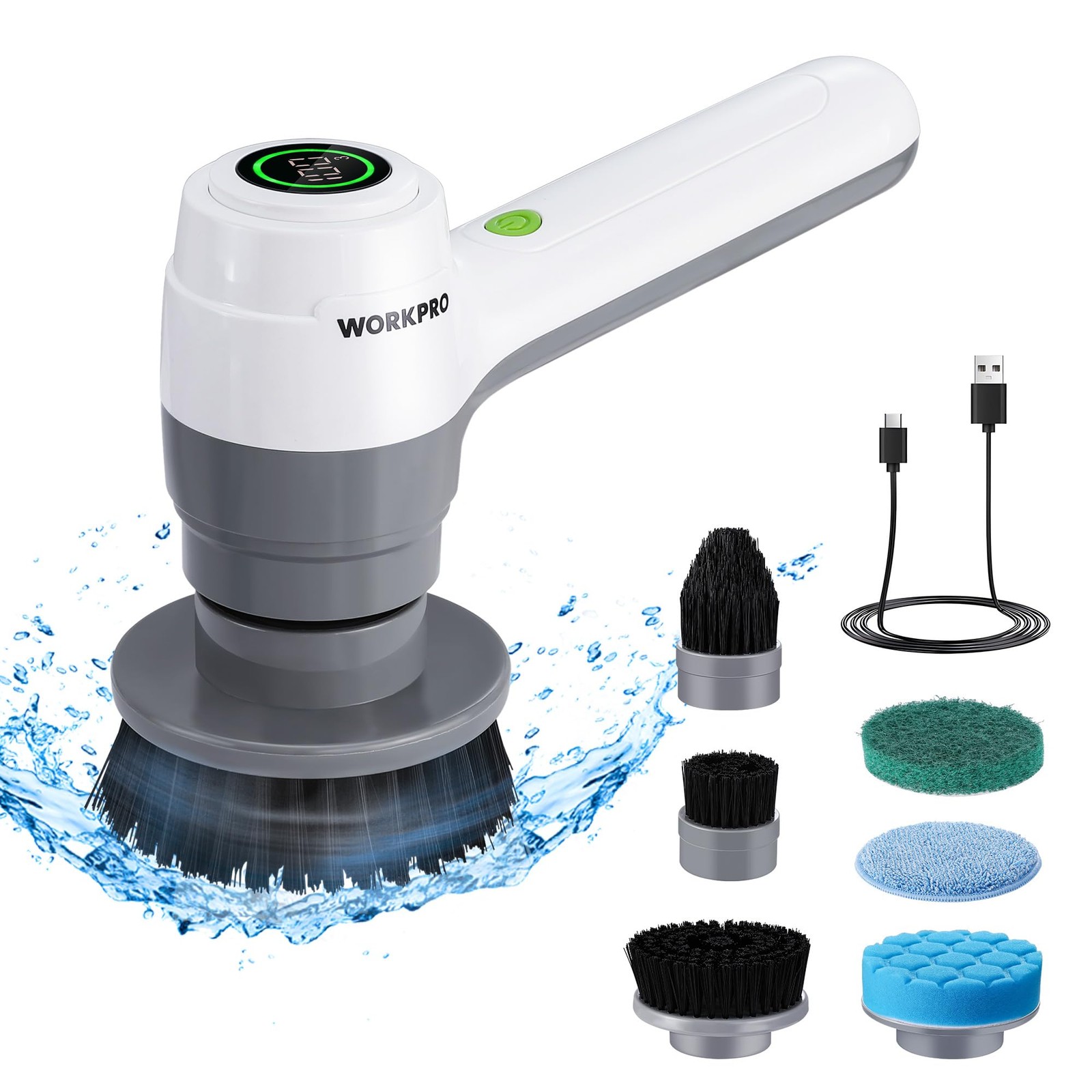 WORKPRO 8V ELECTRIC SPIN SCRUBBER 3SPEED 6 REPLACEABLE BRUSH HEADS – WHITE/GRAY