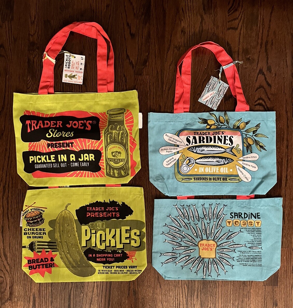 Trader Joe’s Reusable 100% Cotton Shopping Bags: Sardines, Pickles Print NWT