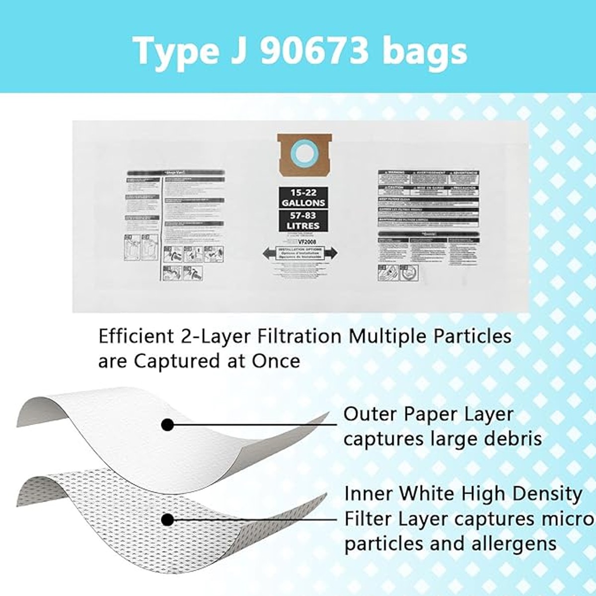 3-15 Pack Vacuum Bags Replacement For Shop Vac Bags 15-22 Gallon Type J #90673