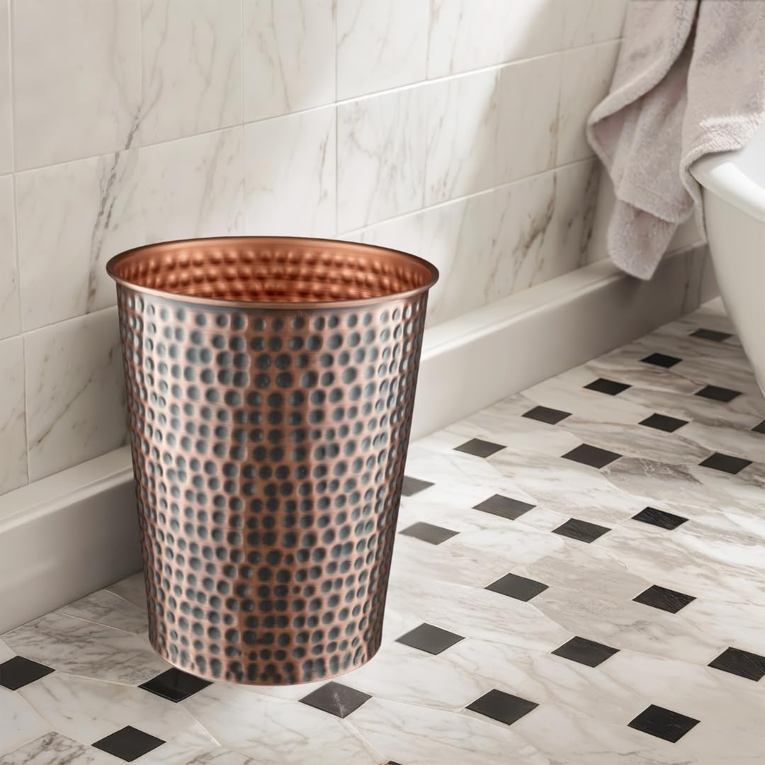 Hand Hammered Antique Copper Metal Small Bathroom Trash Can Wastebasket Bin
