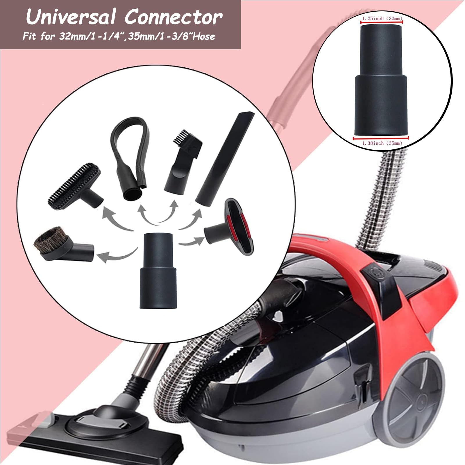 9 Pcs Universal Shop Vac Accessories Kit 1 1/4 inch & 1 3/8 32mm, 35mm, Black