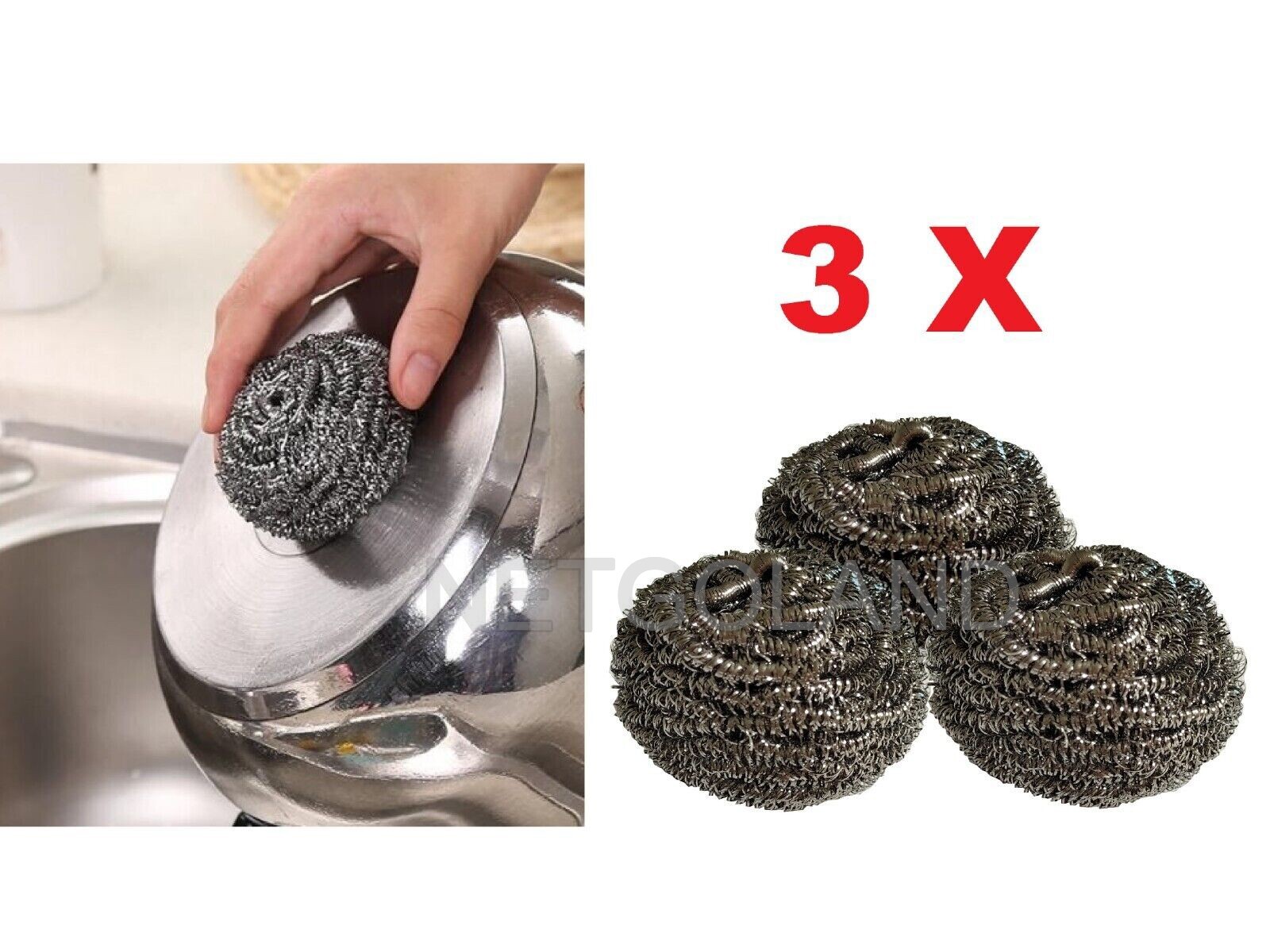 Pack of 3 Stainless Steel Kitchen Cleaning Sponges Scouring Pads Steel Wool NGL3