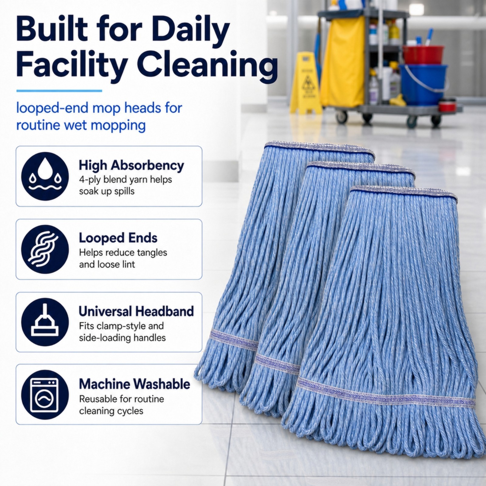 Heavy Duty Blue Mop Head. Machine Wash. Synthetic Cotton Blend Looped End-3 Pack