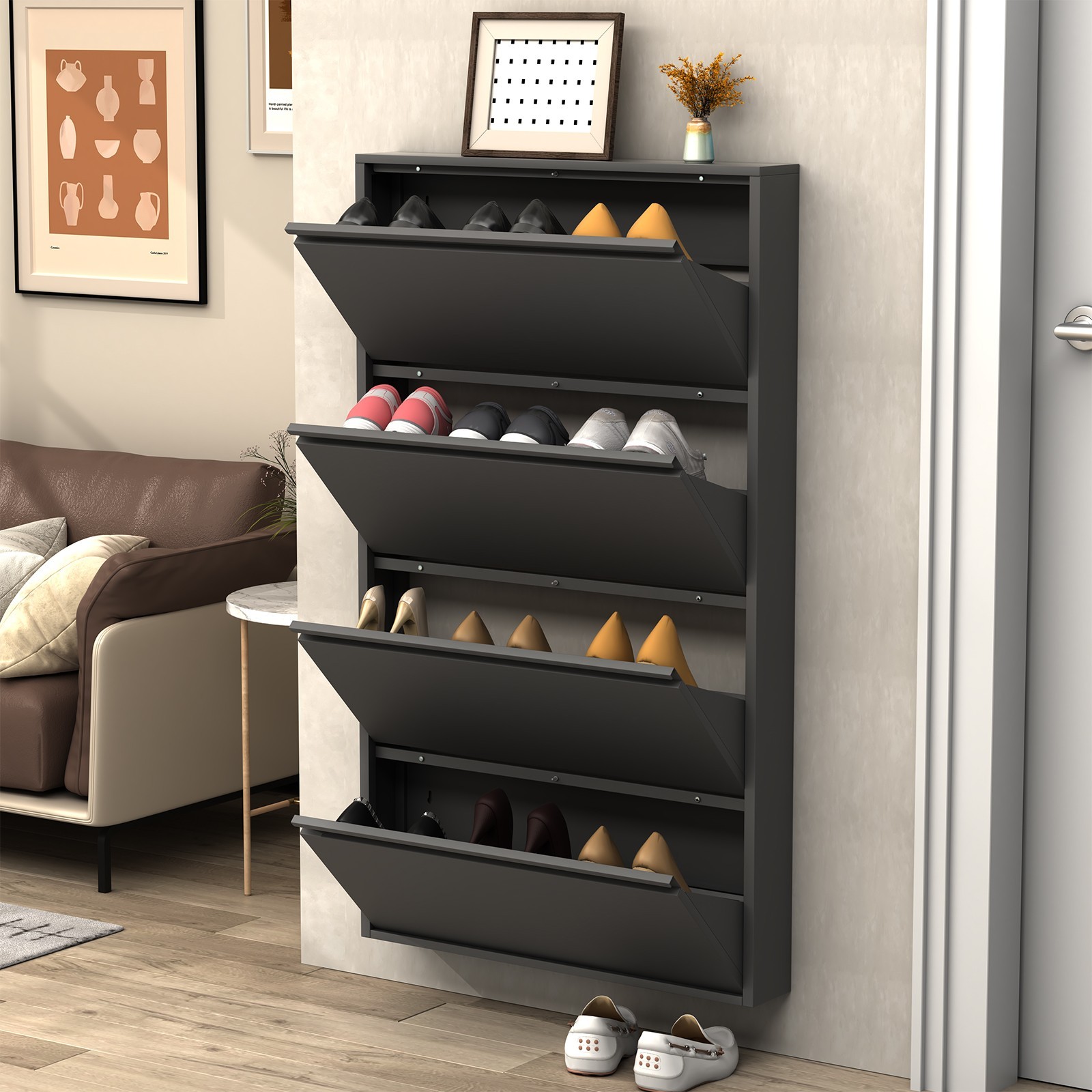 Metal Shoe Cabinet with 4 Flip Drawers, Wall Mount Shoe Organizer for Entryway
