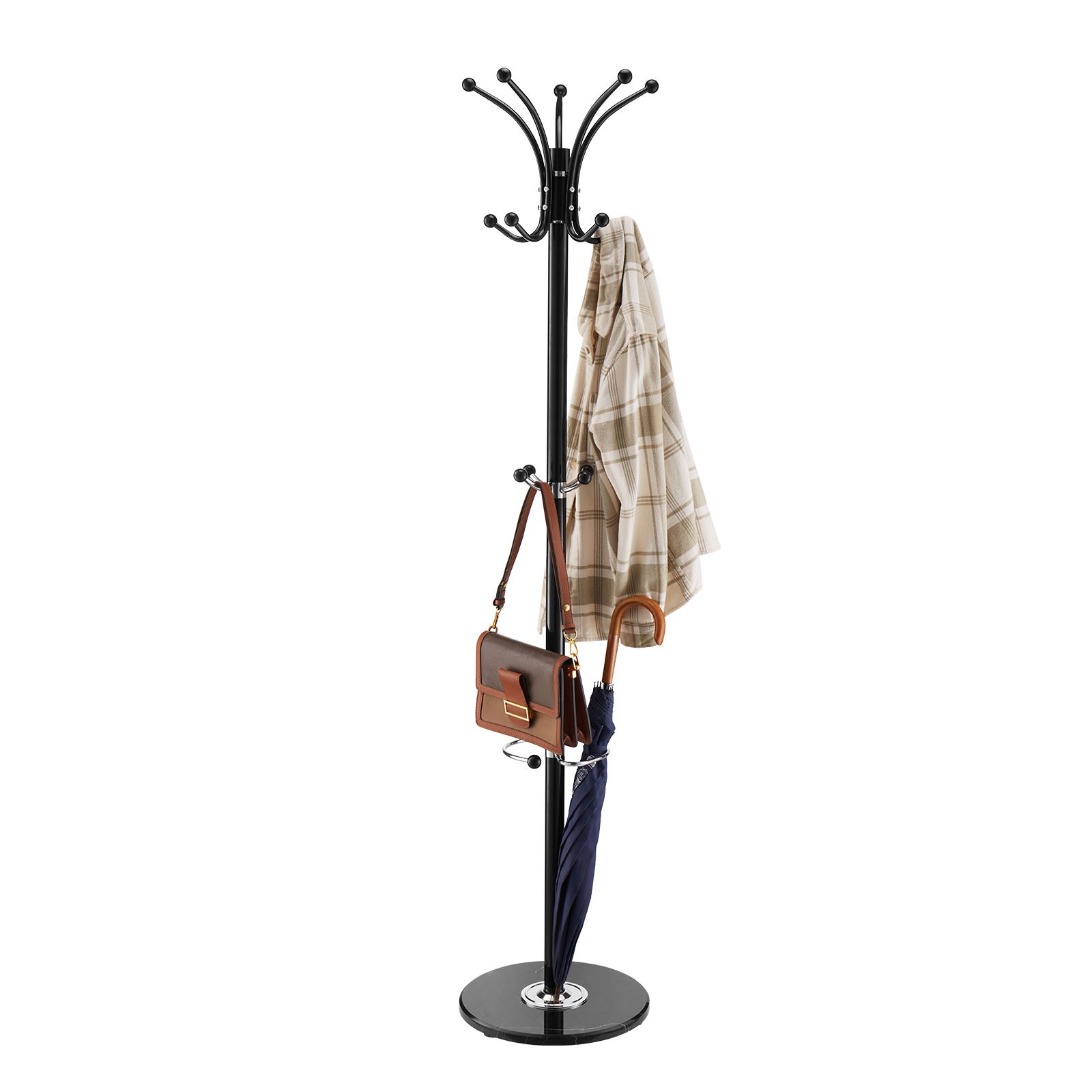 Freestanding Coat Rack Stable Marble Base with Umbrella Holder & 14 Hooks