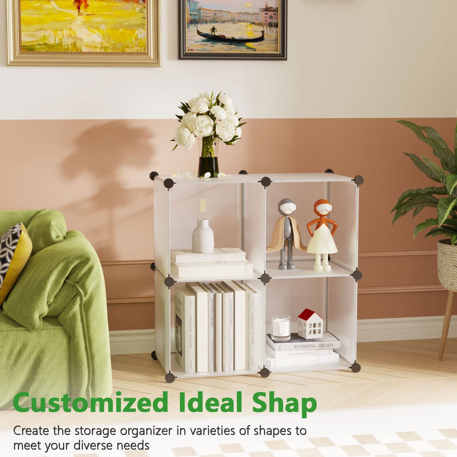 Plastic Cube Storage Organizer, 4-Cube Shelves Units, White
