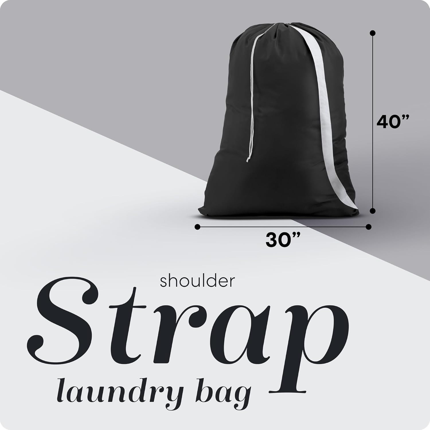 Shoulder Strap Laundry Bag 30×40 in, Heavy Duty Nylon, Drawstring Lock (Black)