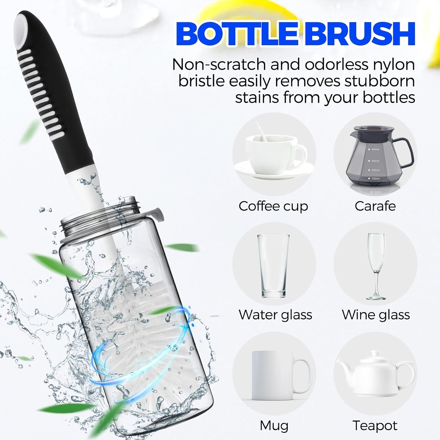 Holikme 6-Pack Dish Brush Set: Bottle, Pan, Straw Brushes – Black