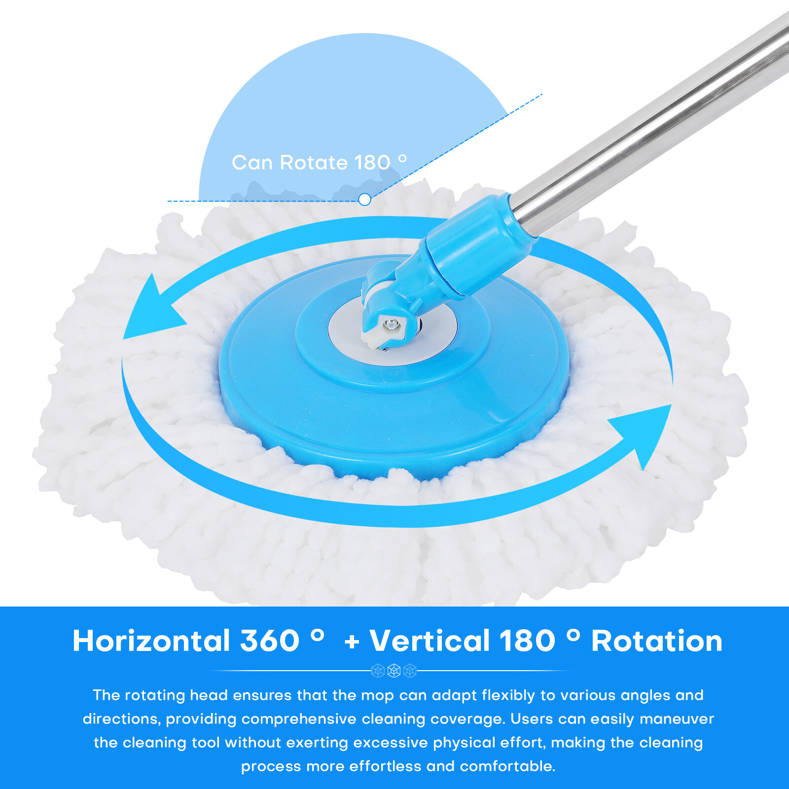 360° Rotating Spin Mop Handle Replacement Adjustable Pole 2 Microfiber Mop Heads