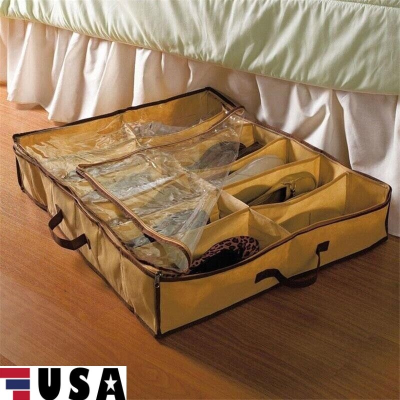 2Pcs 12 Pairs Under Bed Shoe Storage Organizer Holder Closet Box Bag with Zipper