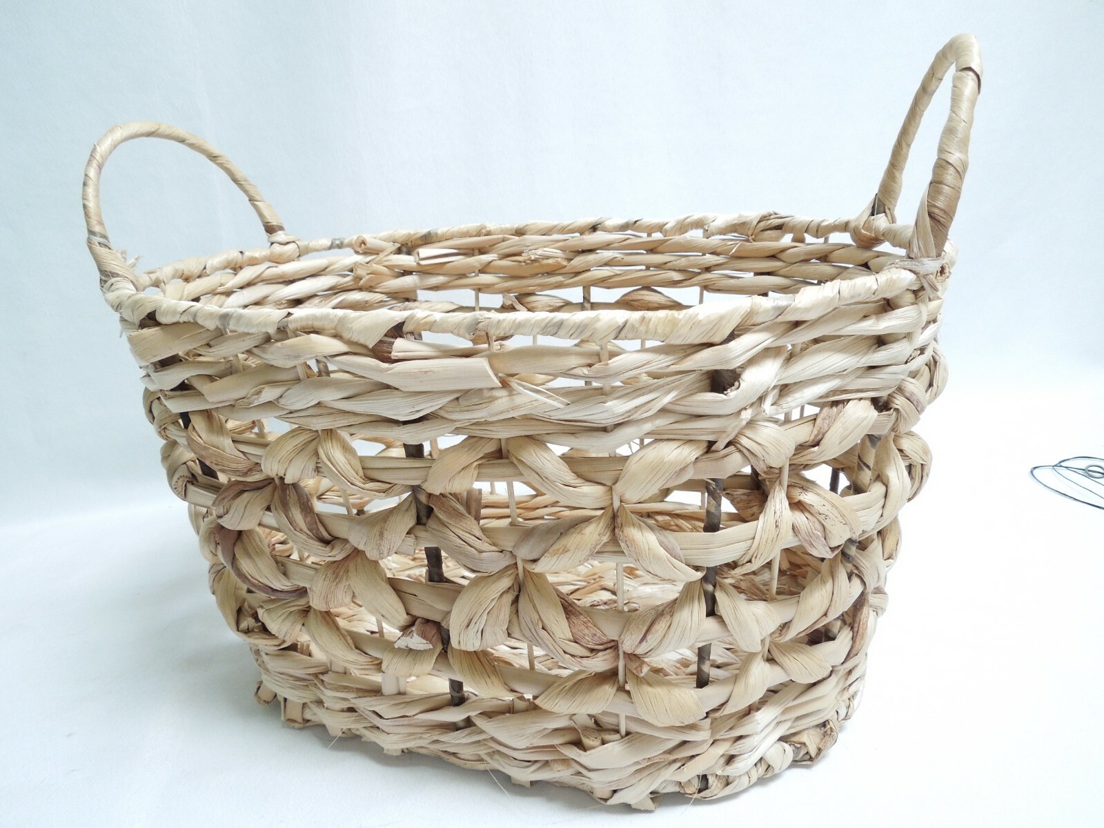 Large Woven Straw Basket with Metal Frame and Handles for Fruits & Vegetables
