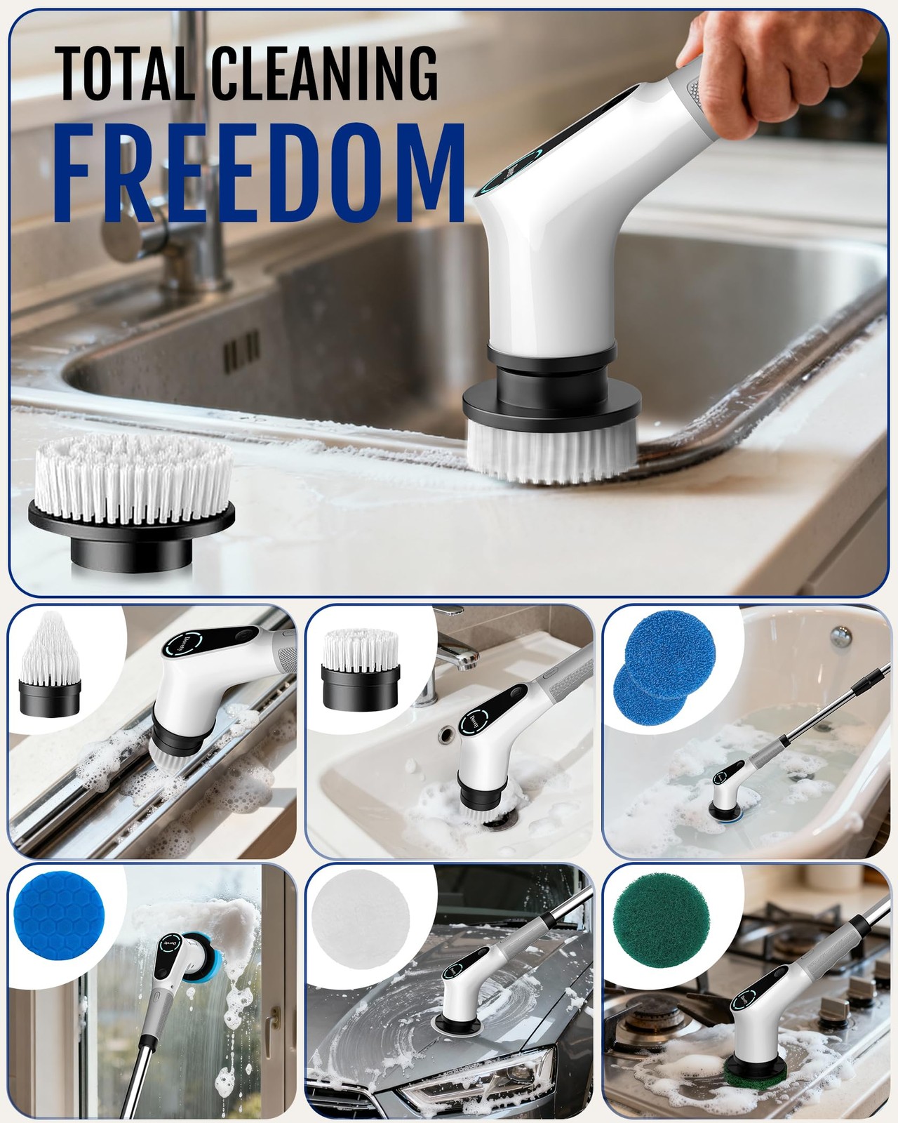 Dovety Electric Spin Scrubber, Extendable Handle, 8 Brush HeadsWH