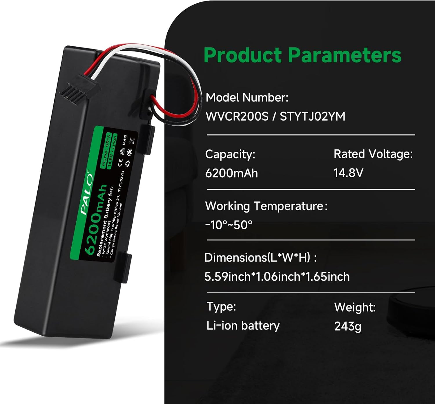 6200mAh Replacement Battery Compatible with Wyze Robot Vacuum Xiaomi Mop Haier