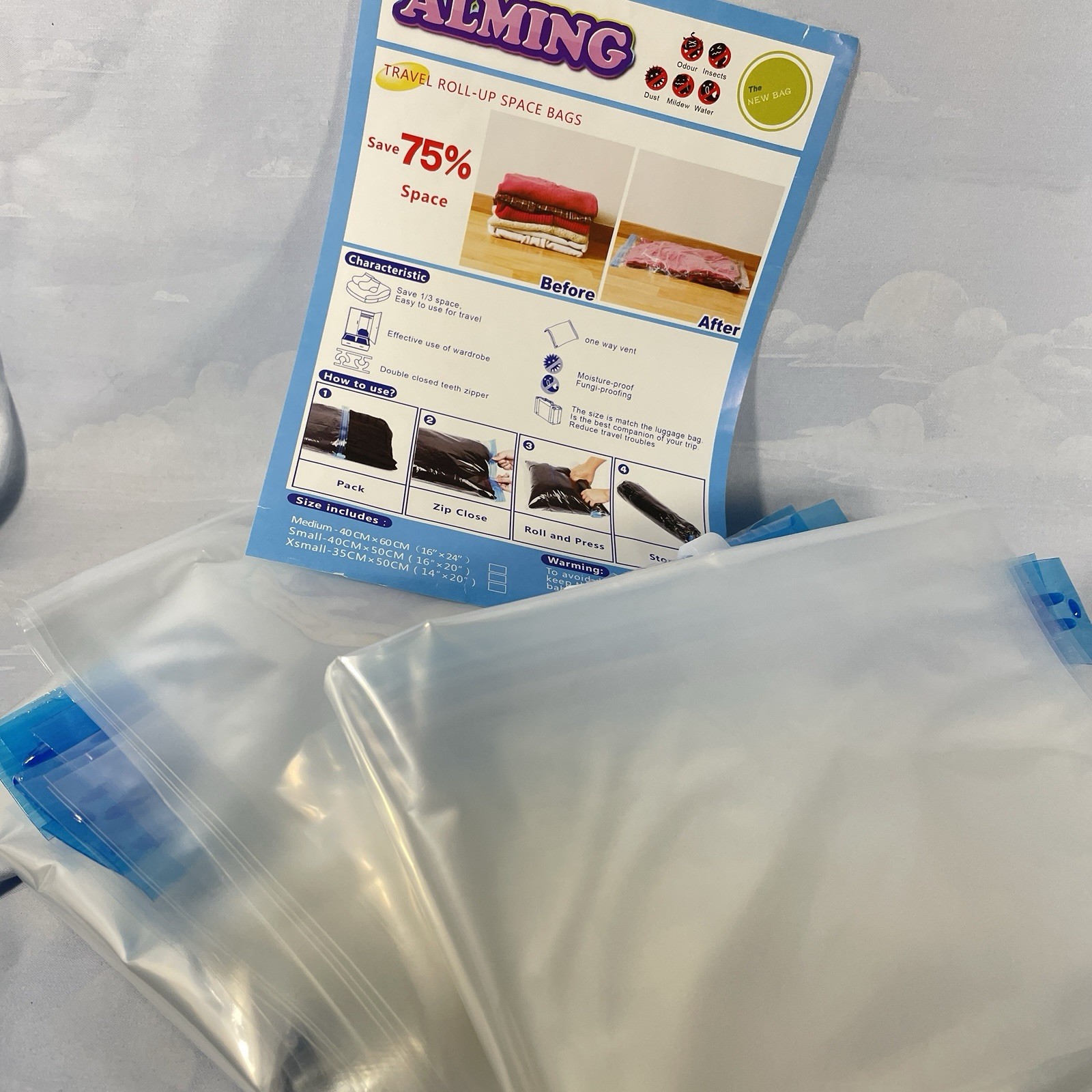 Travel Roll-Up Space Saver Bags Storage Travel Zip Close 3 Sizes See Details