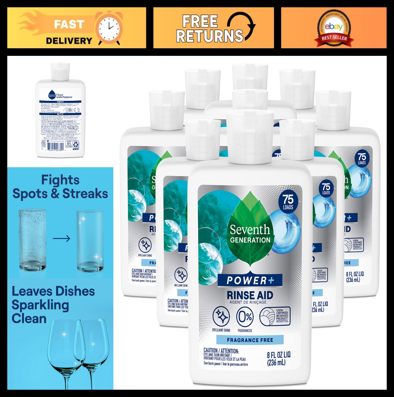 Powerful Dishwasher Rinse Aid, Fragrance-Free, 8 fl oz, Pack of 9 – Eco-Friendly