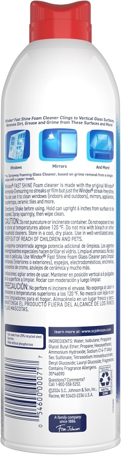 Windex Fast Shine Foam Glass Cleaner, No-Drip Aerosol Cleaning Spray, 19 Oz.
