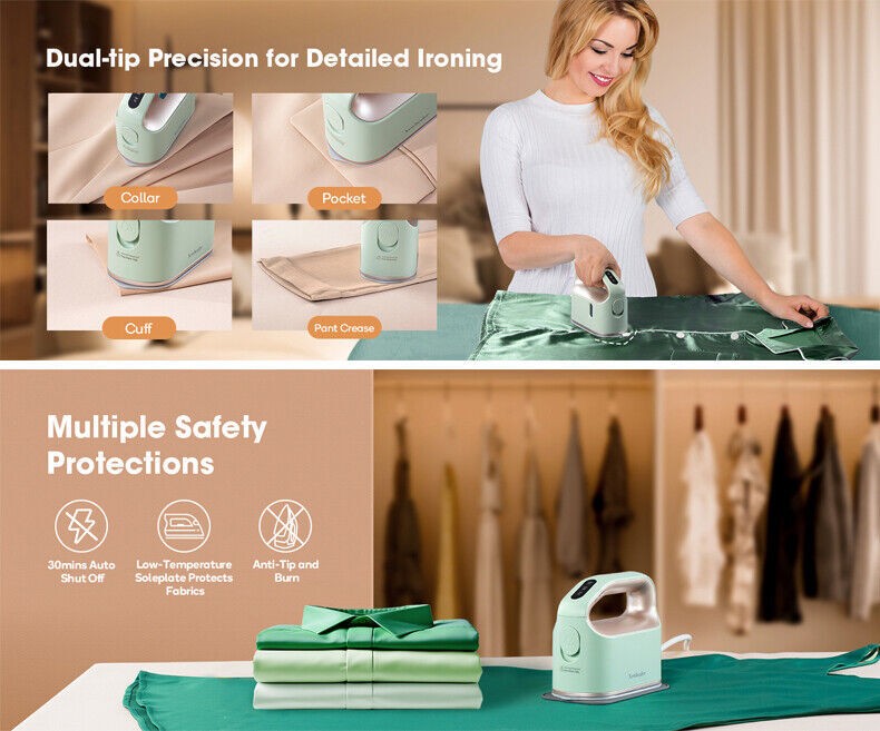 Mini Steam Iron for Home Flat Ironing and Hanging Ironing Mint Green 1200W 110V