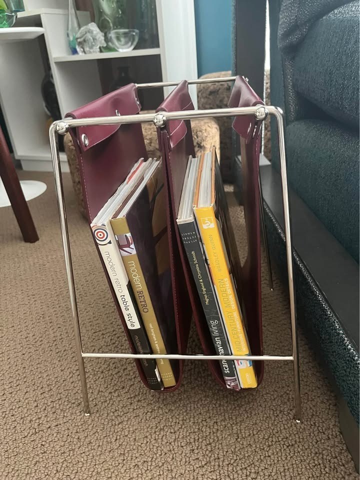 60s Jacques Adnet Style Leather Grain Vinyl Chrome Magazine Rack