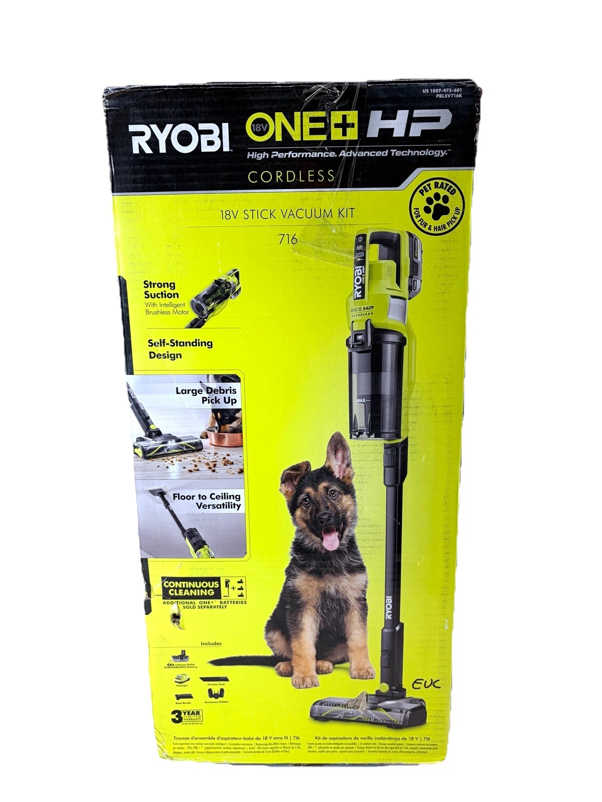Ryobi One+ HP 18V Pet Stick Vacuum With 4 Ah Battery And Charger PBLSV716K