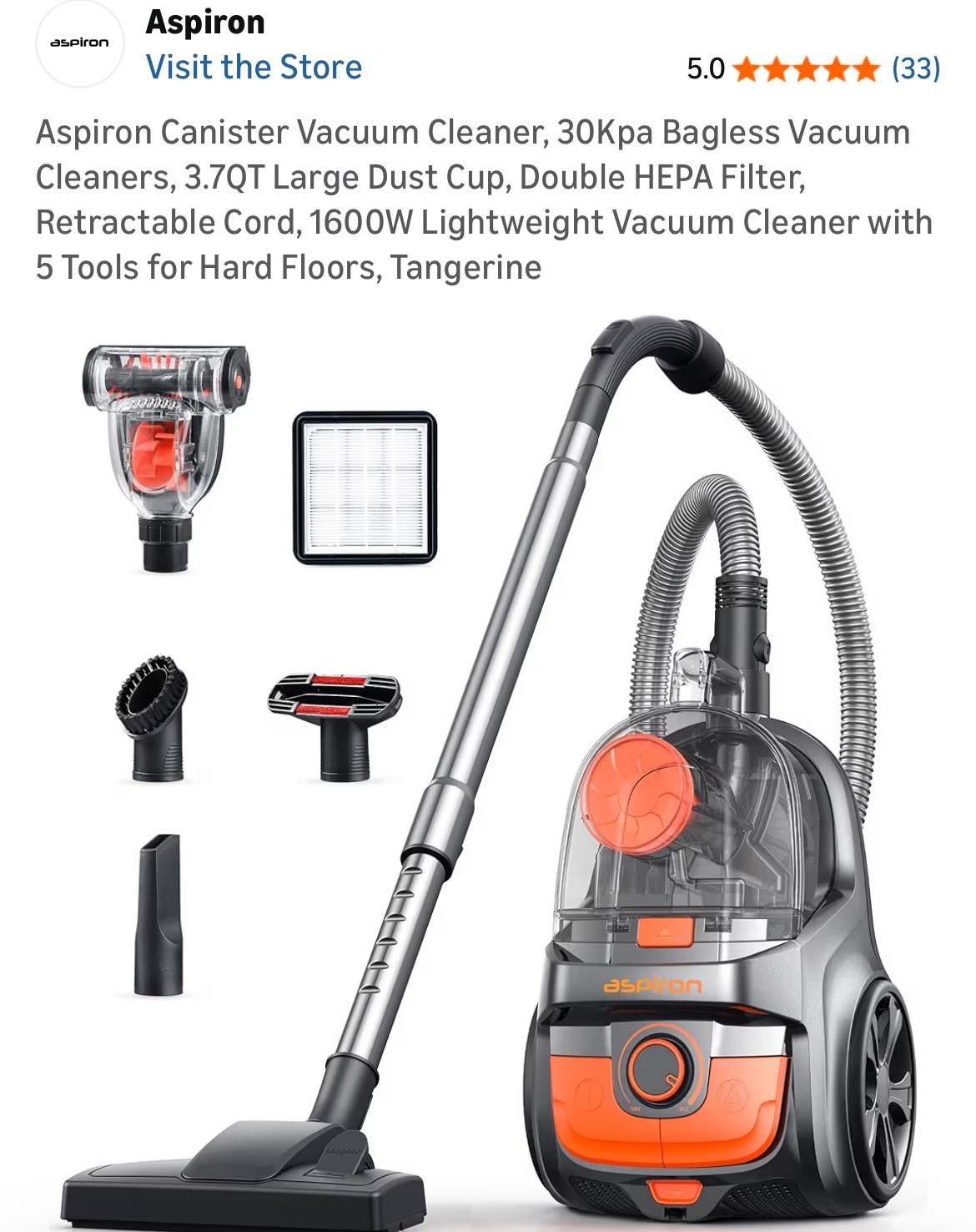 Aspiron Canister Vacuum with retractable cord (AS-CA006 -Tangerine)
