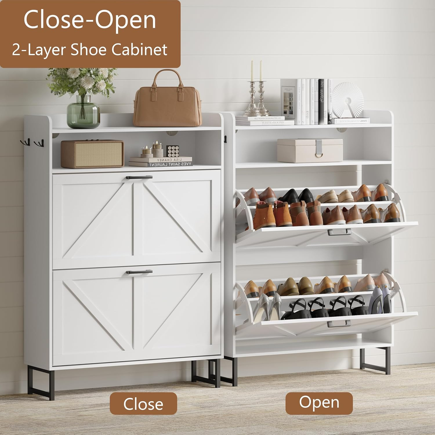 Shoe Cabinet with 2 Flip Drawers, Freestanding Hidden Shoe Storage Organizer for