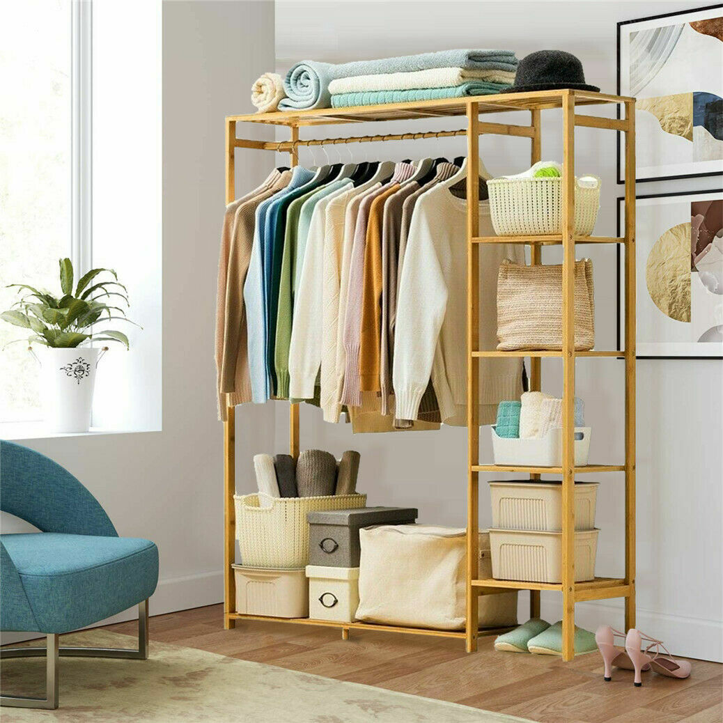 Bamboo Wood Garment Rack Clothes Hanging Stand Shoe Coat Storage Organizer Shelf