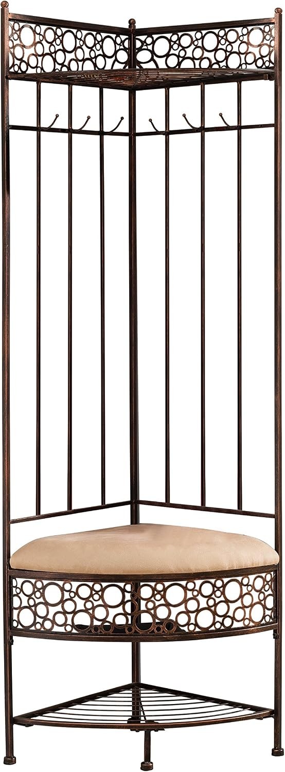 Brushed Copper Metal Corner Entryway Hallway Storage Bench with Coat Rack