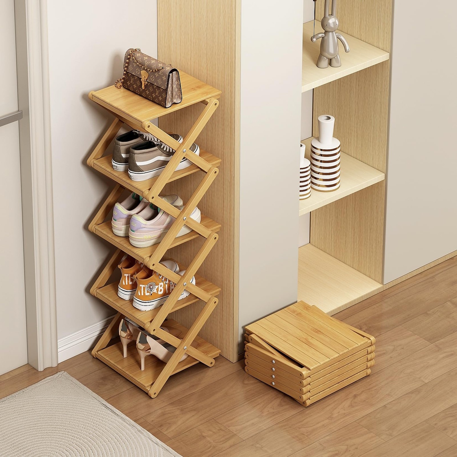 Bamboo Shoe Rack – No Assembly Required, Tall Narrow Foldable Shoe Organizer,…