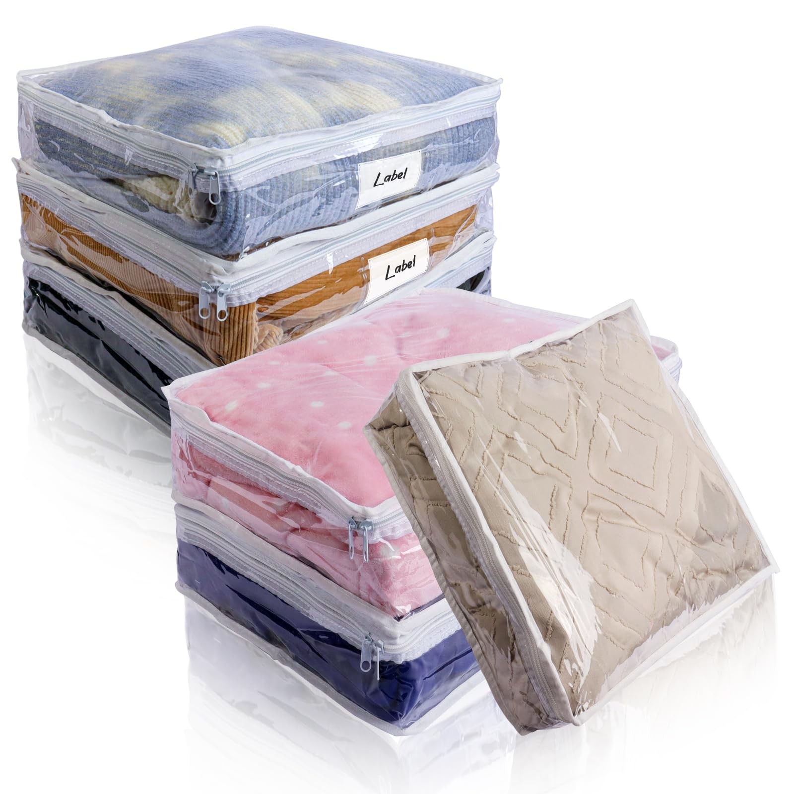 6 PCS 15.7×13.8×3.9 Inch White Clear Plastic Zippered Sweater Storage Bags