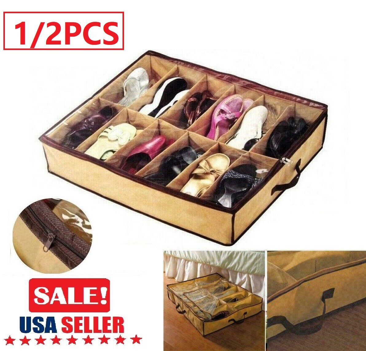 2Pcs 12 Pairs Under Bed Shoe Storage Organizer Holder Closet Box Bag with Zipper