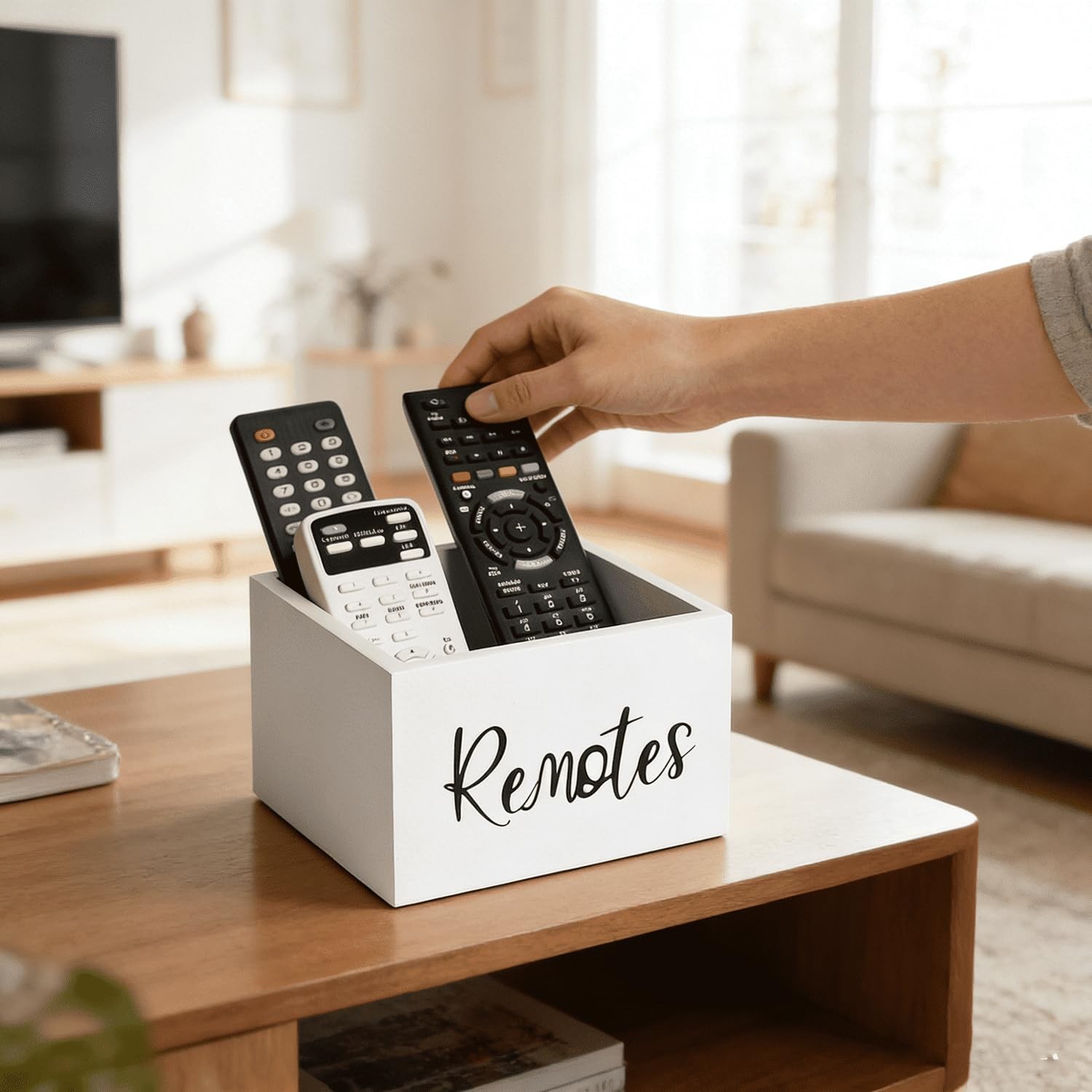 Size M Wooden TV Remote Control Holder Desktop Storage Box Organizer White