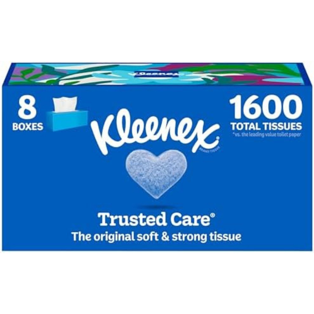 Kleenex Trusted Care Facial Tissues, 8 Flat Boxes, 200 Tissues per Box, 2-Ply