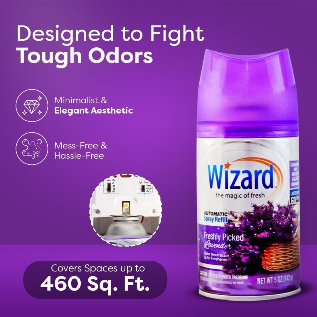 Pack of 12 WIZARD AUTOMATIC SPRAY REFILLS FRESHLEY PICKED LAVENDER 5 oz