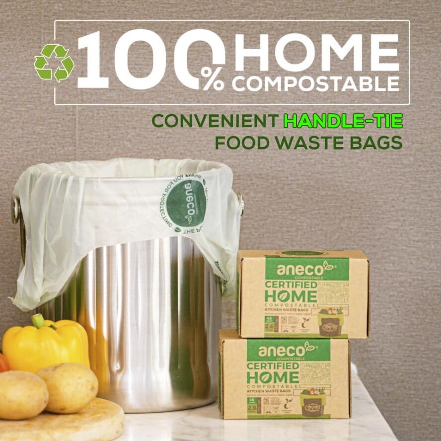 ANECO 100% Compostable Food Waste Bags 2.6 Gallon With Handles, 45 Count